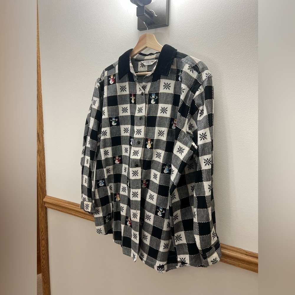 Vintage 90s Christmas Flannel Plaid Embroidered Button Down Sweater Size XL - Picture 2 of 8